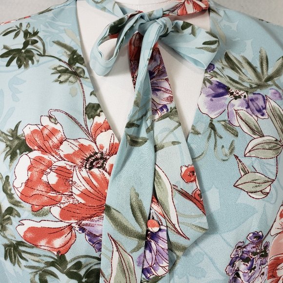 Nanette Lepore Aqua Floral LS Tie Neck Aqua Tiered Dress, 8 - Picture 2 of 12